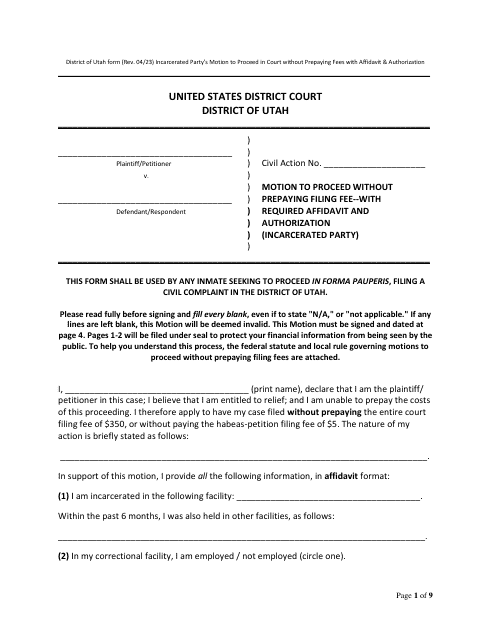 Motion to Proceed Without Prepaying Filing Fee--with Required Affidavit and Authorization (Incarcerated Party) - Utah Download Pdf