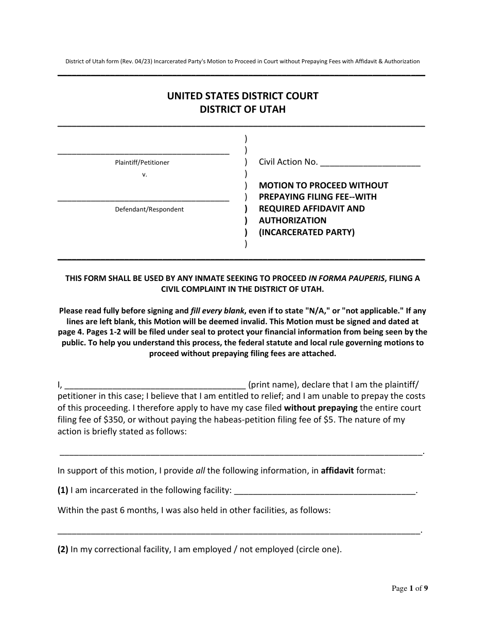 Motion to Proceed Without Prepaying Filing Fee--with Required Affidavit and Authorization (Incarcerated Party) - Utah, Page 1