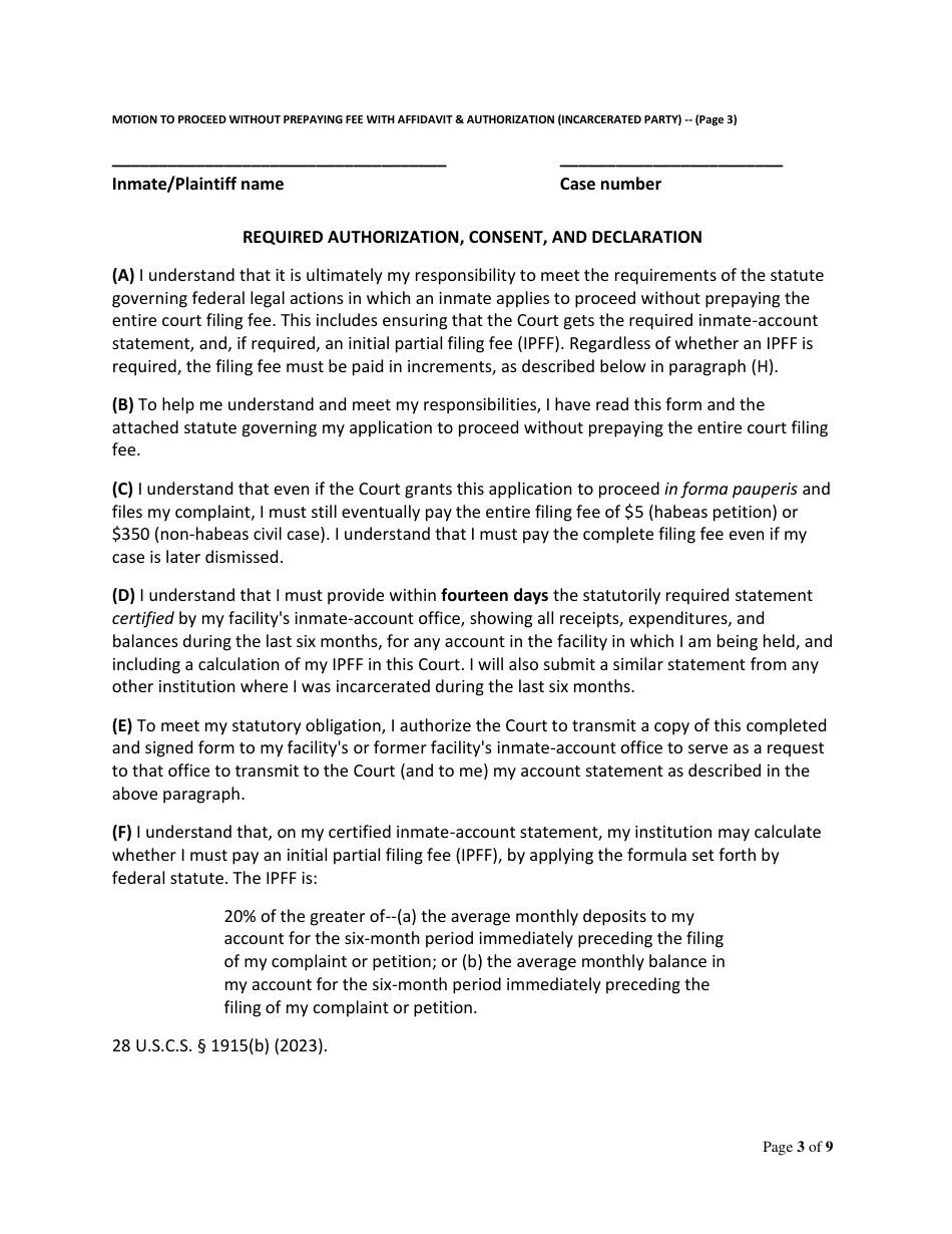 Motion to Proceed Without Prepaying Filing Fee--with Required Affidavit and Authorization (Incarcerated Party) - Utah, Page 3