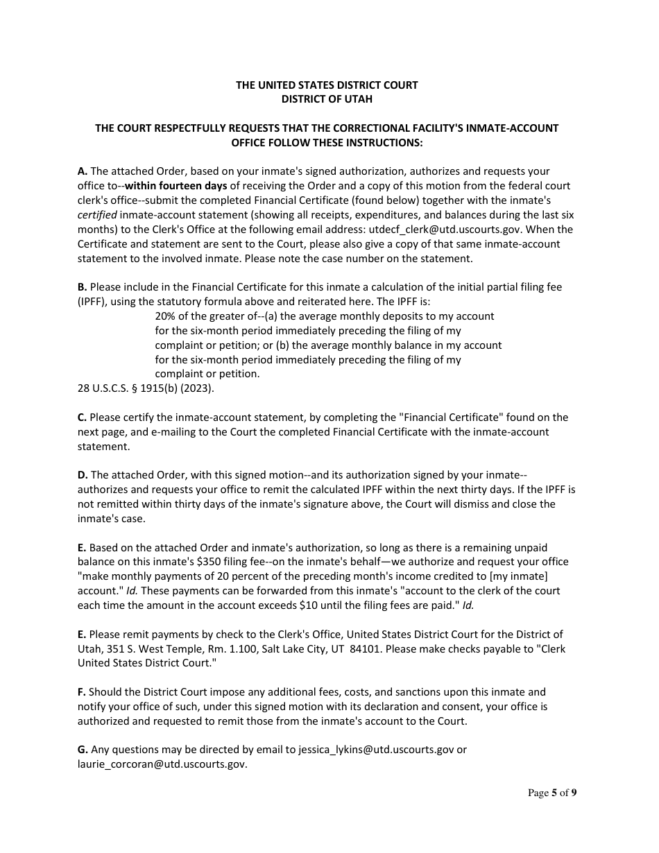 Motion to Proceed Without Prepaying Filing Fee--with Required Affidavit and Authorization (Incarcerated Party) - Utah, Page 5