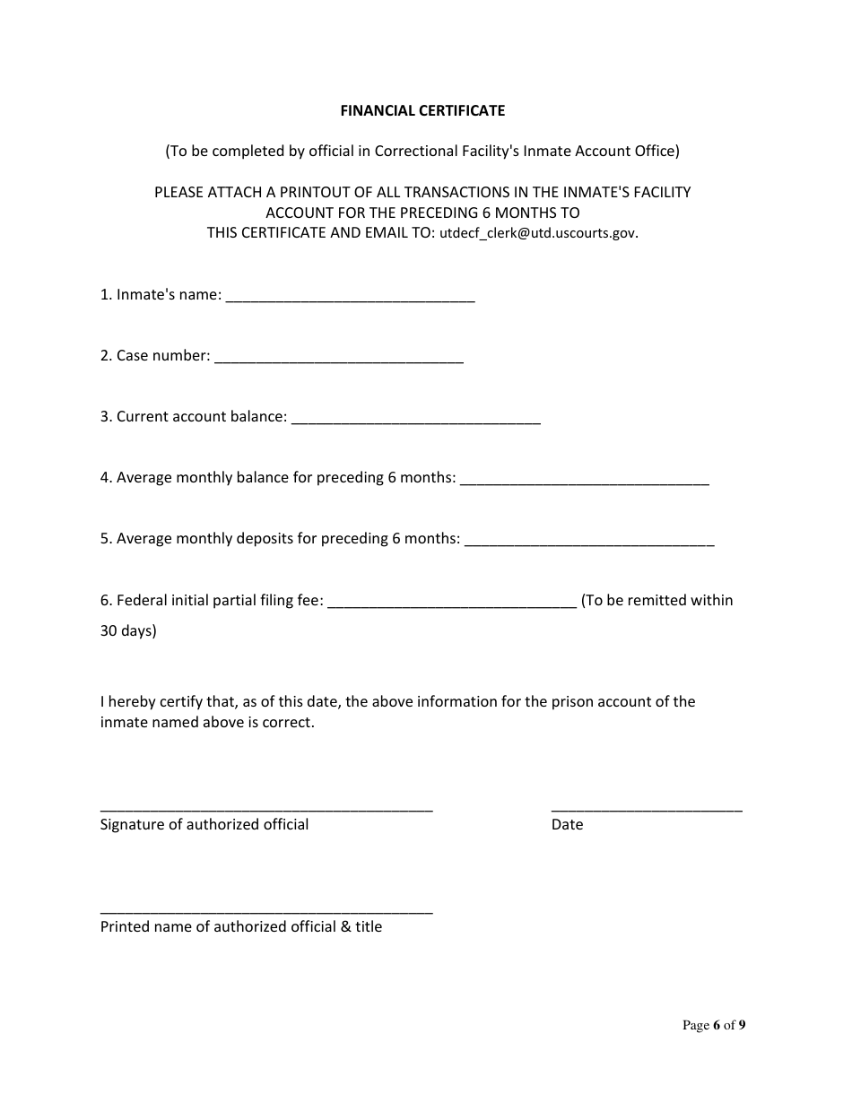 Motion to Proceed Without Prepaying Filing Fee--with Required Affidavit and Authorization (Incarcerated Party) - Utah, Page 6