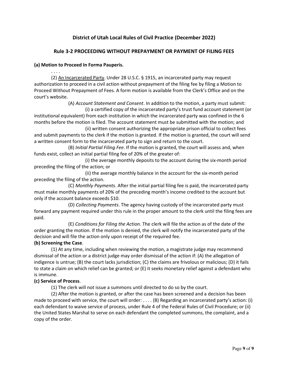 Motion to Proceed Without Prepaying Filing Fee--with Required Affidavit and Authorization (Incarcerated Party) - Utah, Page 9