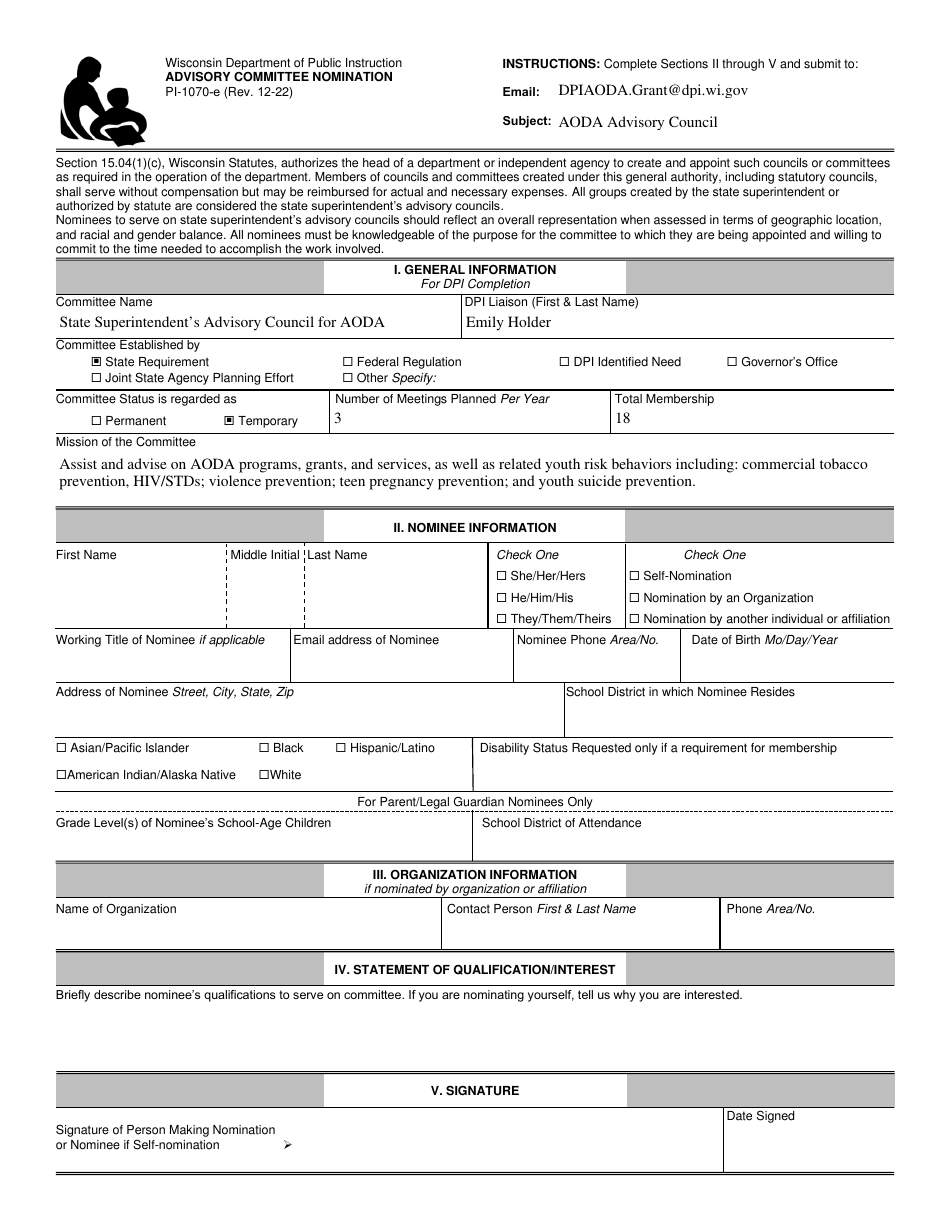 Form PI-1070-E Advisory Committee Nomination - Wisconsin, Page 1