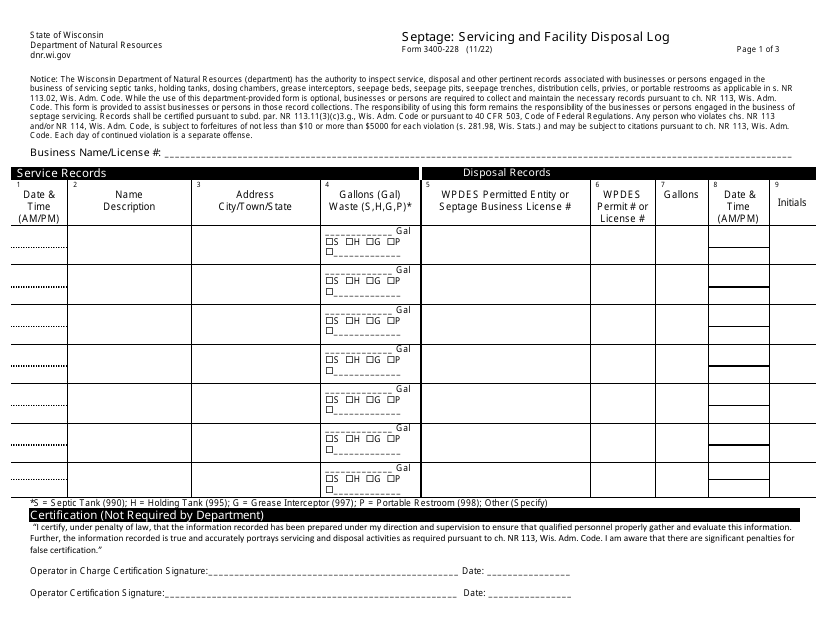 Form 3400-228 Septage: Servicing and Facility Disposal Log - Wisconsin