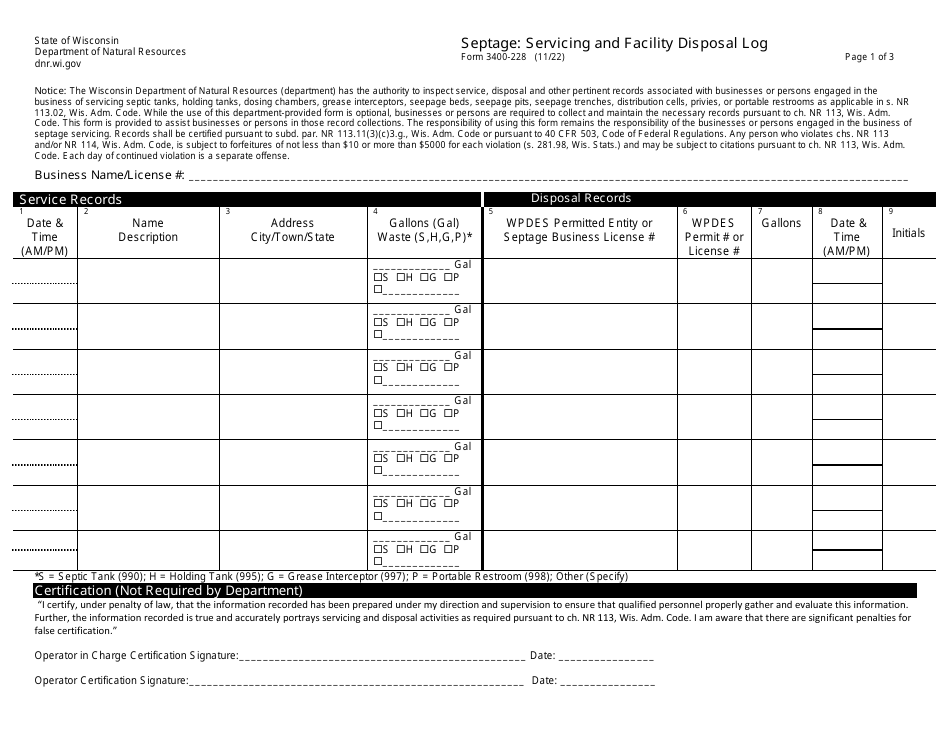 Form 3400-228 Septage: Servicing and Facility Disposal Log - Wisconsin, Page 1