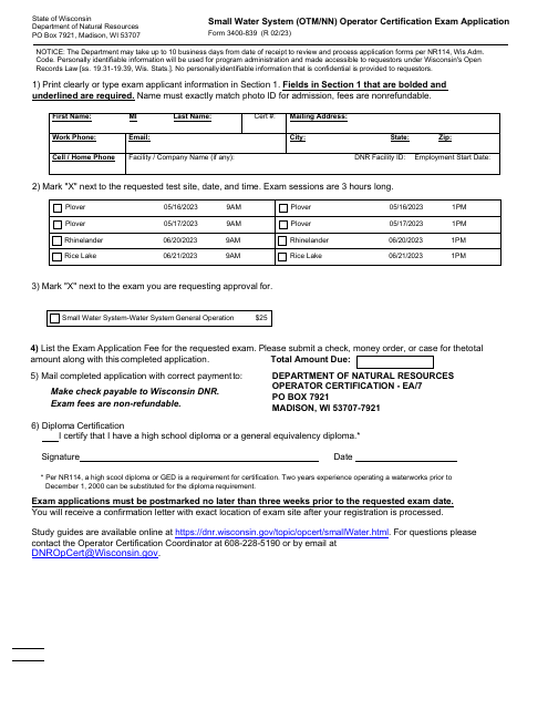 Form 3400-839 Small Water System (Otm/Nn) Operator Certification Exam Application - Wisconsin