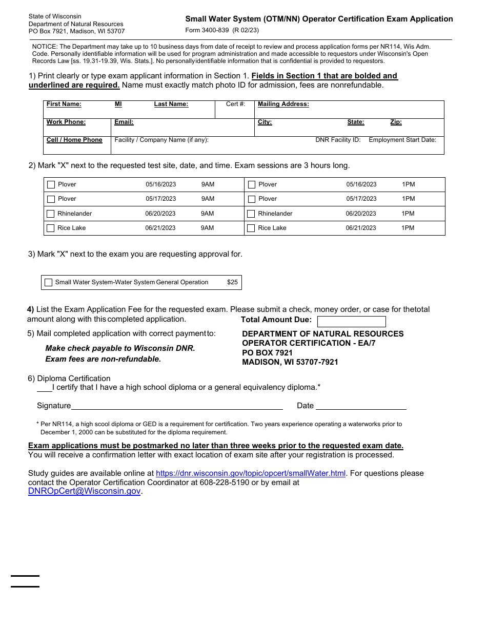Form 3400-839 Small Water System (Otm / Nn) Operator Certification Exam Application - Wisconsin, Page 1