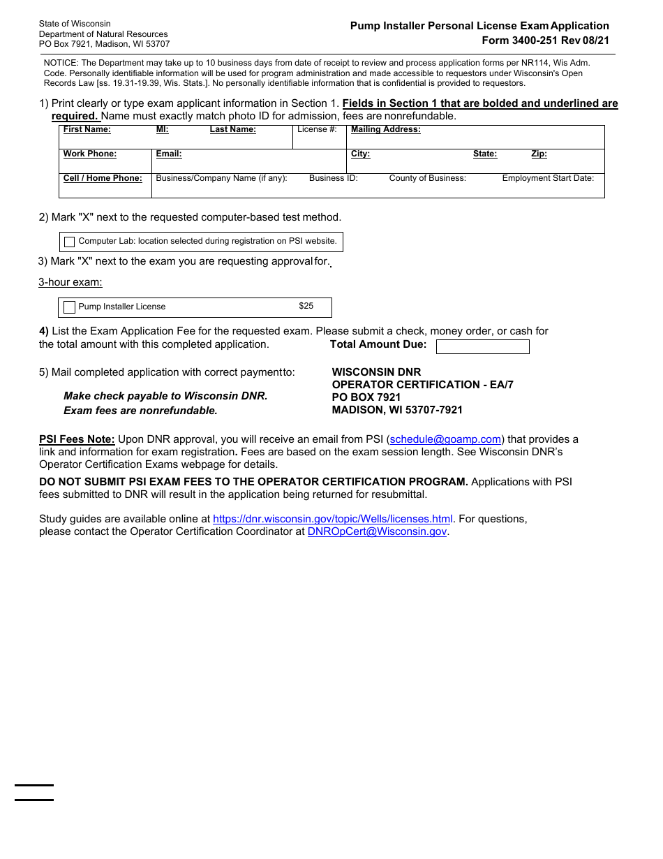 Form 3400-251 Pump Installer Personal License Exam Application - Wisconsin, Page 1