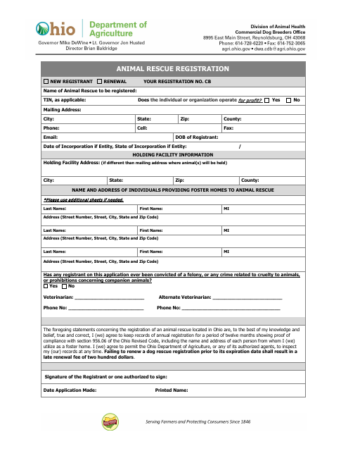 Animal Rescue Registration - Ohio Download Pdf