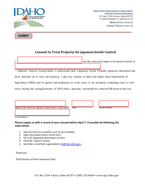 Consent to Treat Property for Japanese Beetle Control - Idaho Download Pdf