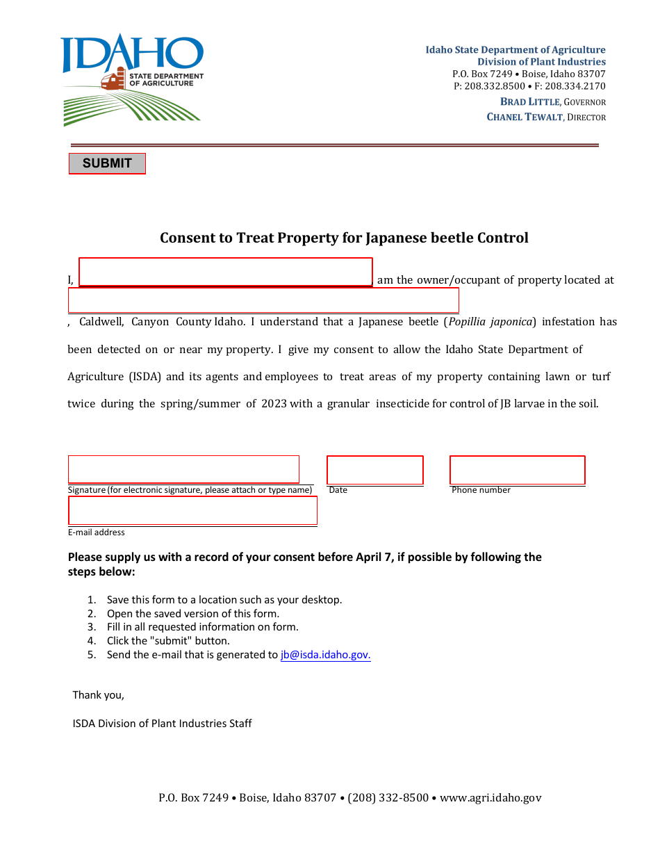 Consent to Treat Property for Japanese Beetle Control - Idaho, Page 1