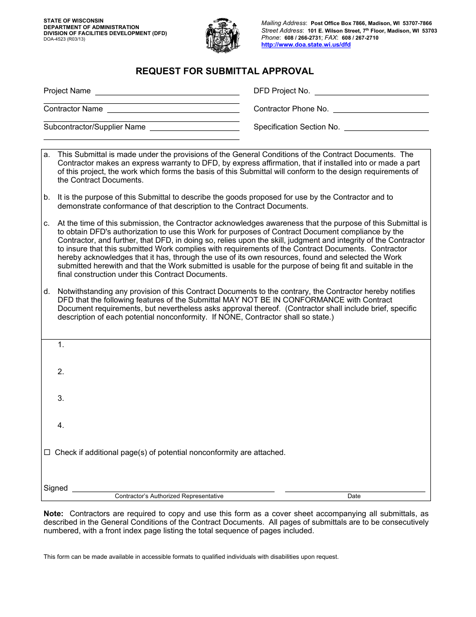 Form DOA-4523 Request for Submittal Approval - Wisconsin, Page 1