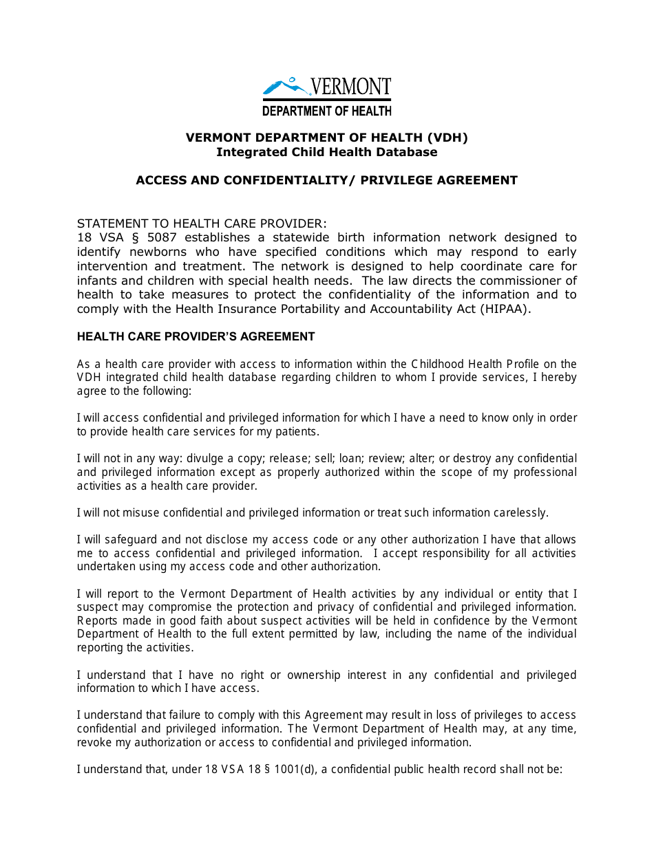 Access and Confidentiality / Privilege Agreement - Vermont, Page 1