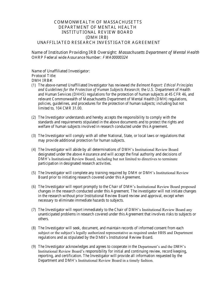 Unaffiliated Research Investigator Agreement - Massachusetts, Page 1