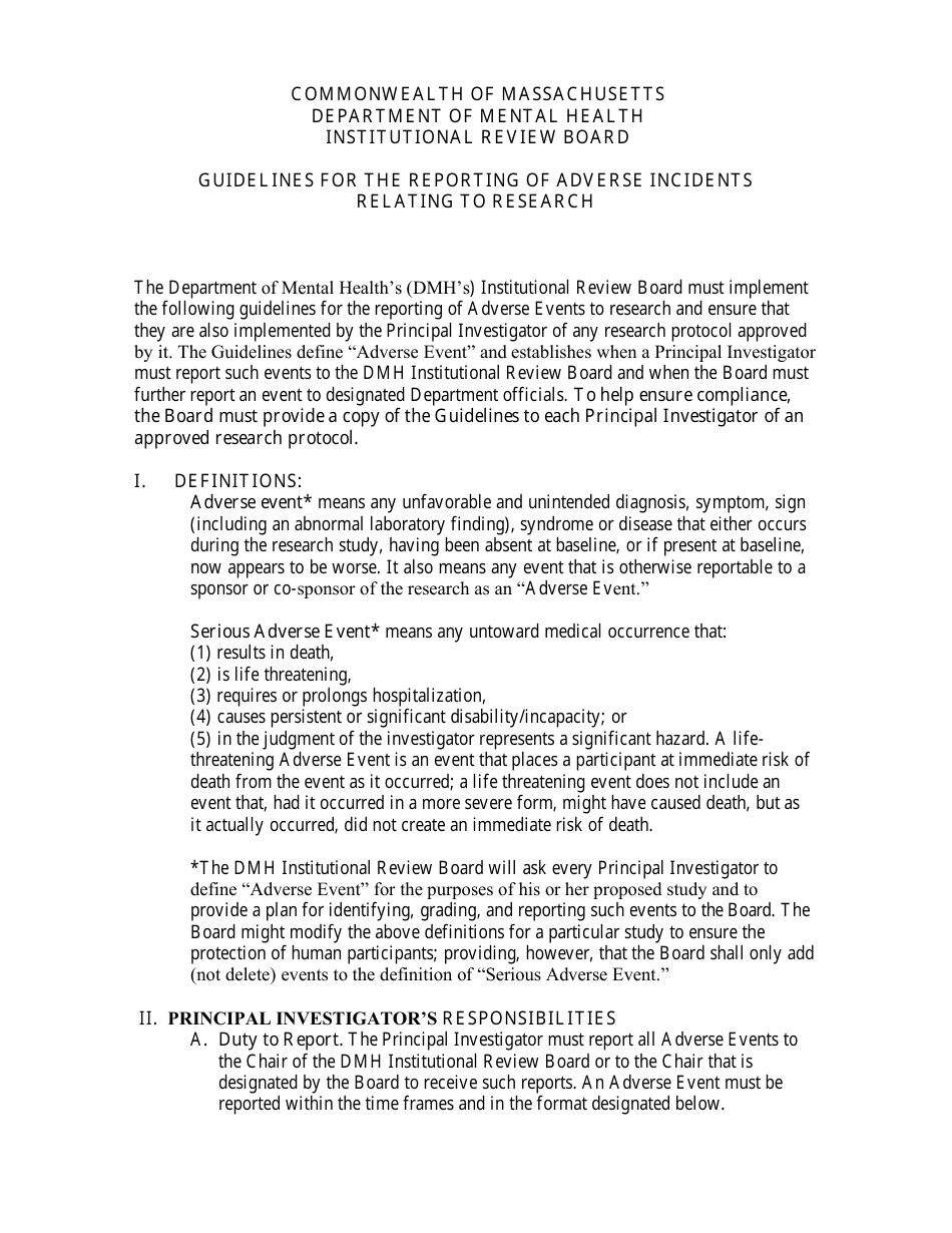 Serious Adverse Event Report Form - Massachusetts, Page 1