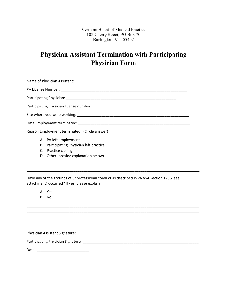 Physician Assistant Termination With Participating Physician Form - Vermont, Page 1