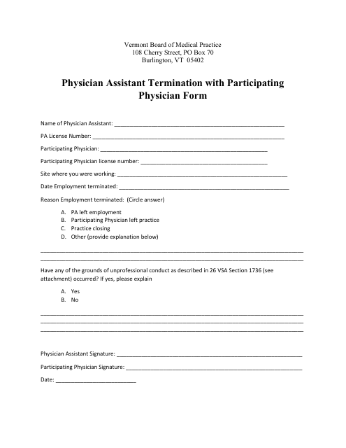 Physician Assistant Termination With Participating Physician Form - Vermont Download Pdf