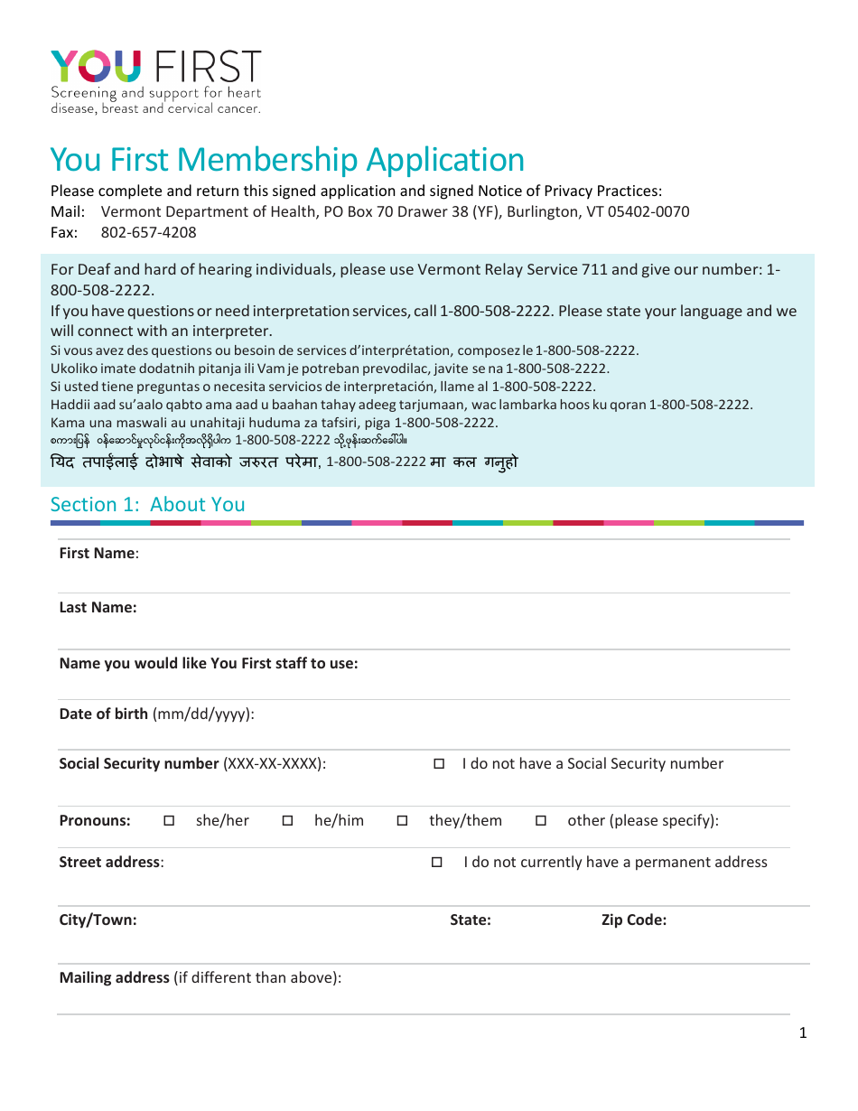 You First Membership Application - Vermont, Page 1