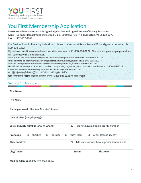 You First Membership Application - Vermont Download Pdf