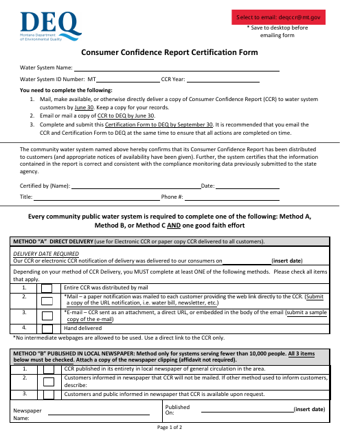 Consumer Confidence Report Certification Form - Montana Download Pdf