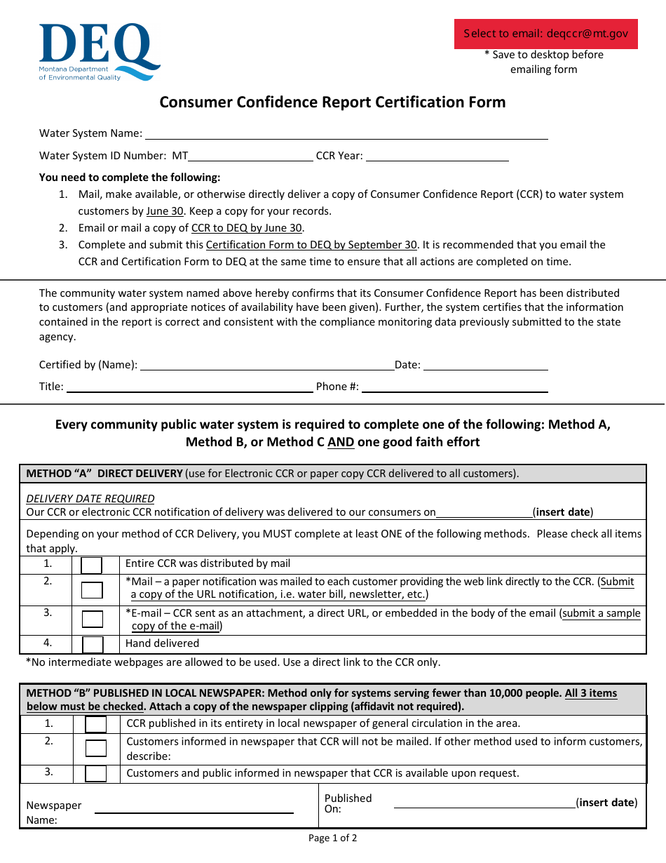 Consumer Confidence Report Certification Form - Montana, Page 1