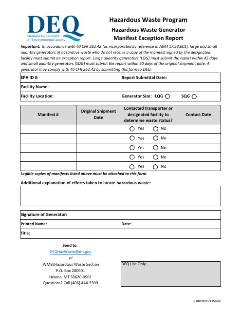 Hazardous Waste Generator Manifest Exception Report - Hazardous Waste Program - Montana Download Pdf