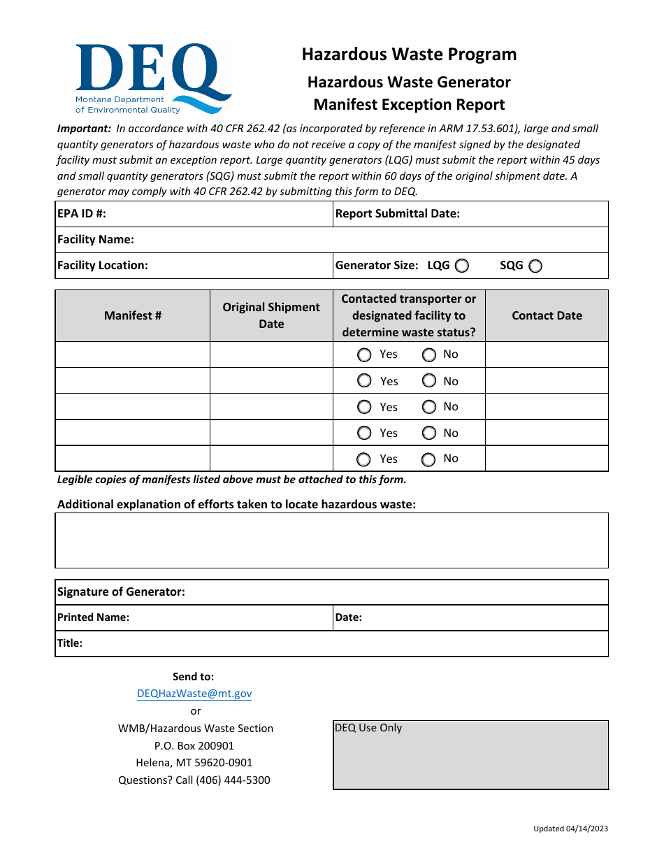 Hazardous Waste Generator Manifest Exception Report - Hazardous Waste Program - Montana, Page 1