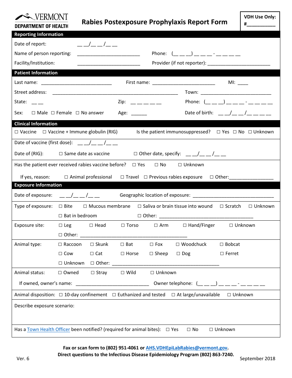 Rabies Postexposure Prophylaxis Report Form - Vermont, Page 1