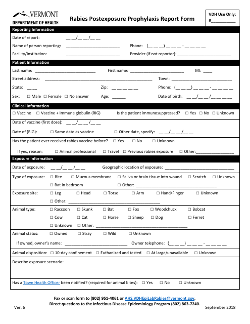 Rabies Postexposure Prophylaxis Report Form - Vermont