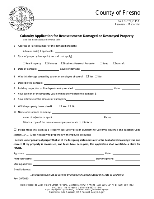 Calamity Application for Reassessment: Damaged or Destroyed Property - County of Fresno, California Download Pdf