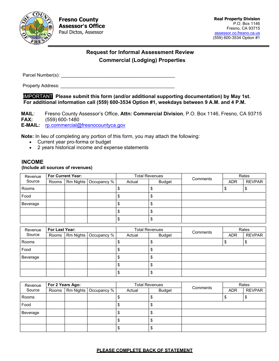 Request for Informal Assessment Review of Commercial (Lodging) Properties - County of Fresno, California, Page 1