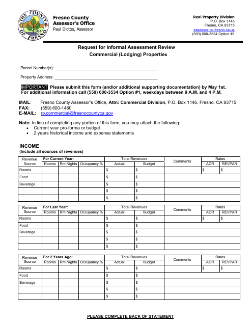 Request for Informal Assessment Review of Commercial (Lodging) Properties - County of Fresno, California Download Pdf