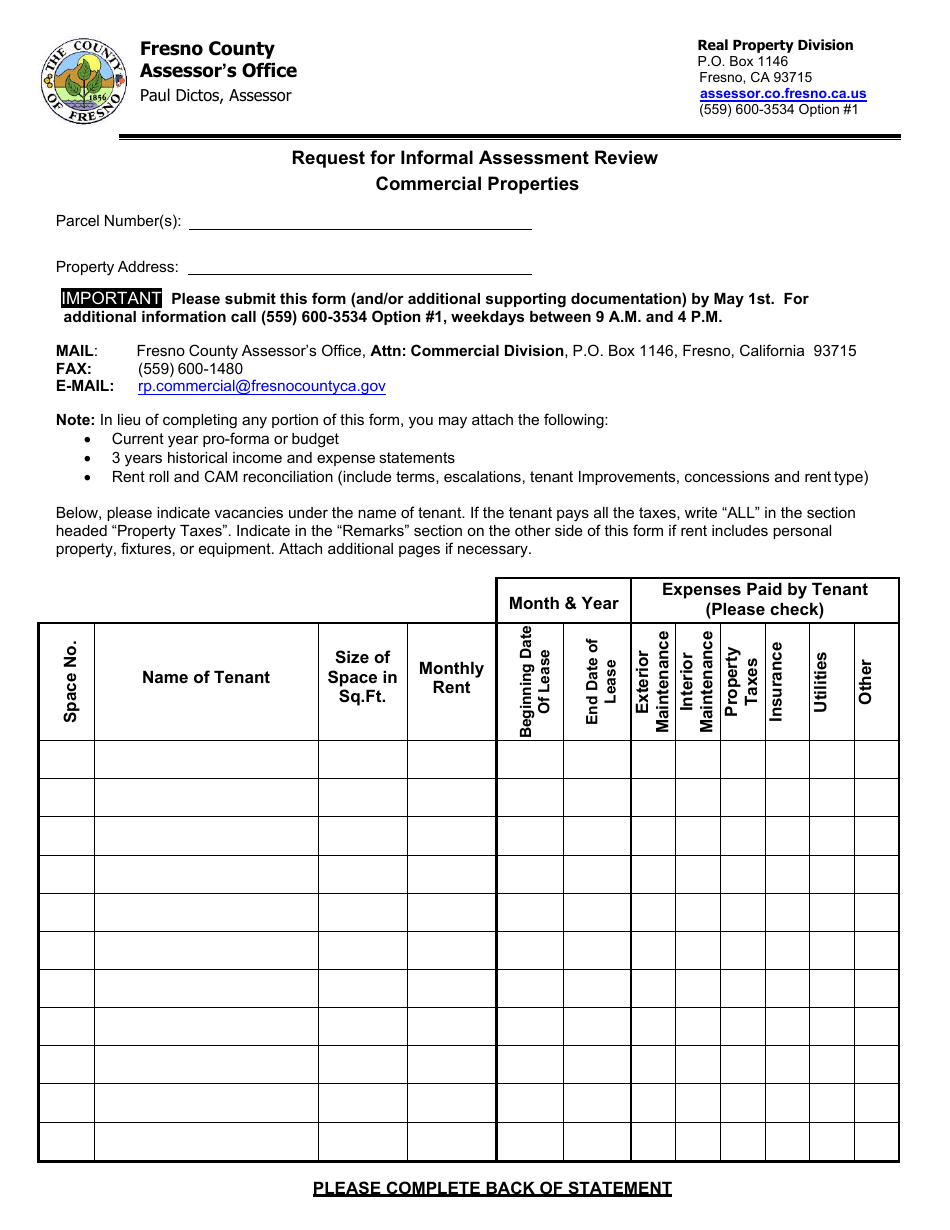 County of Fresno, California Request for Informal Assessment Review ...