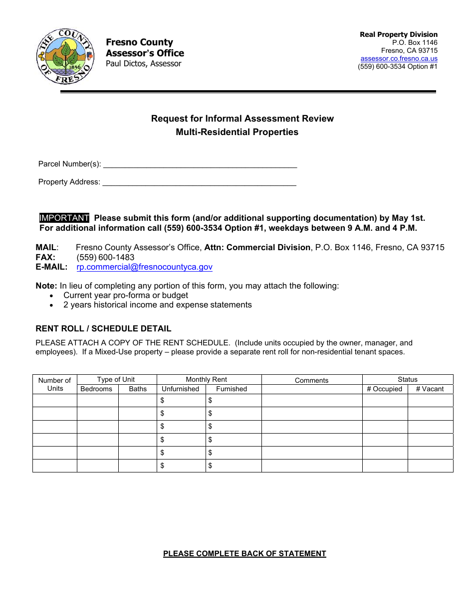 Request for Informal Assessment Review Multi-Residential Properties - County of Fresno, California, Page 1