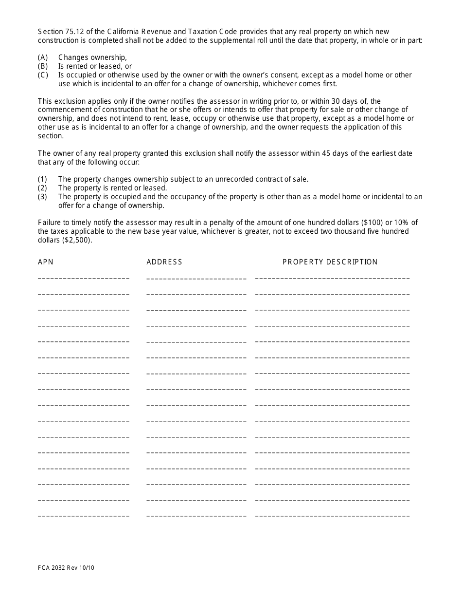 Form FCA2032 Claim for New Construction Exclusion From Supplemental Assessment - County of Fresno, California, Page 2