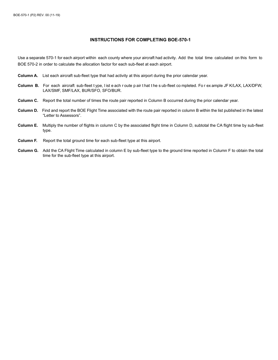 Form BOE-570-1 Supplementary Schedule to the Business Property Statement - Air Carriers Operation Report - California, Page 2