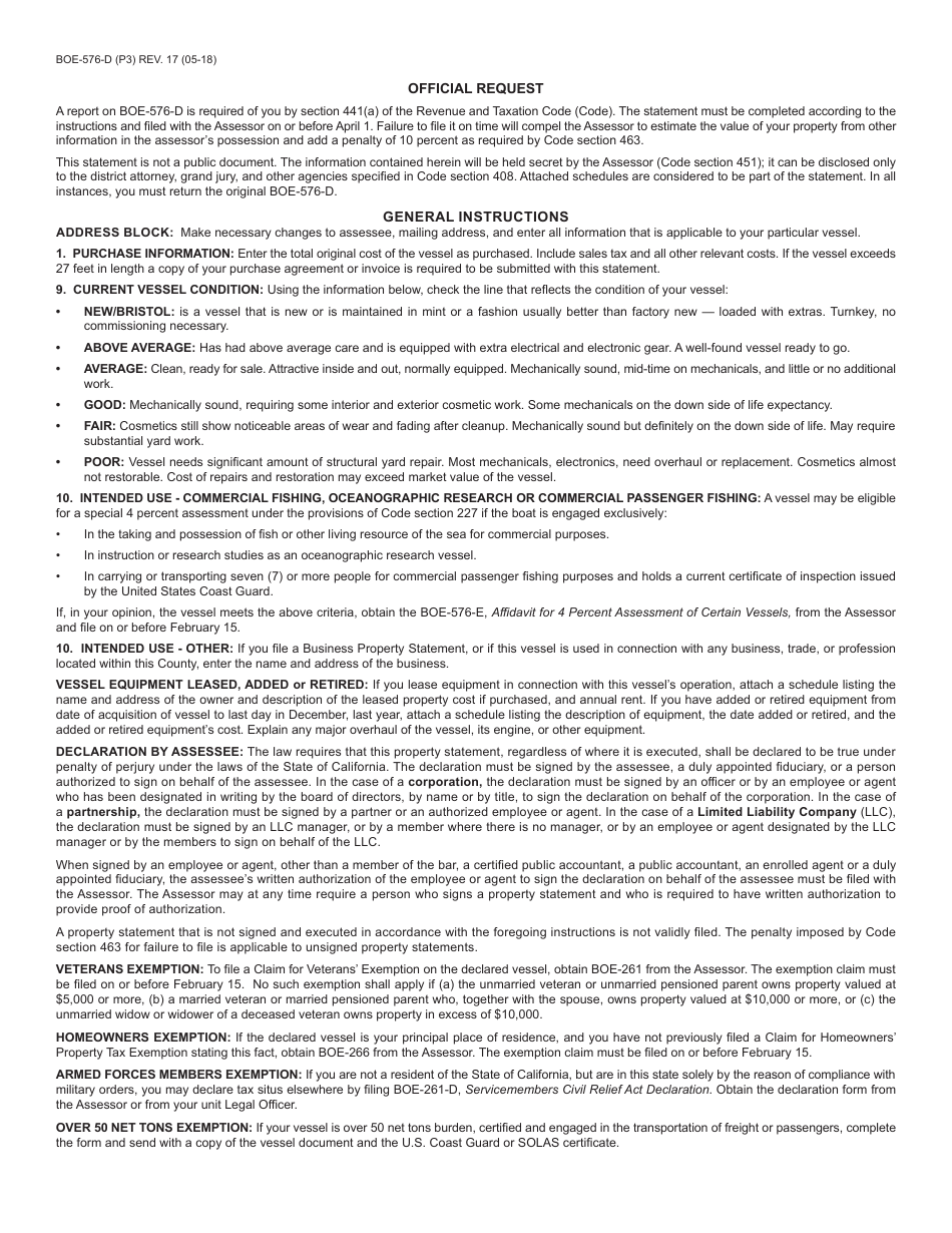 Form BOE-576-D Instructions for Vessel Property Statement (Boats) - County of Fresno, California, Page 1