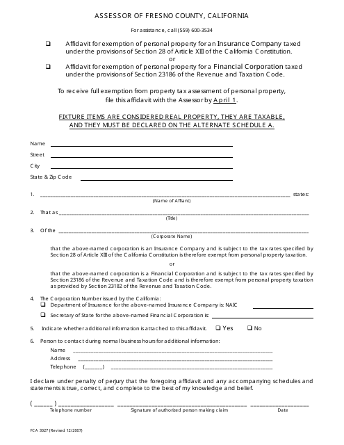 Form FCA3027  Printable Pdf