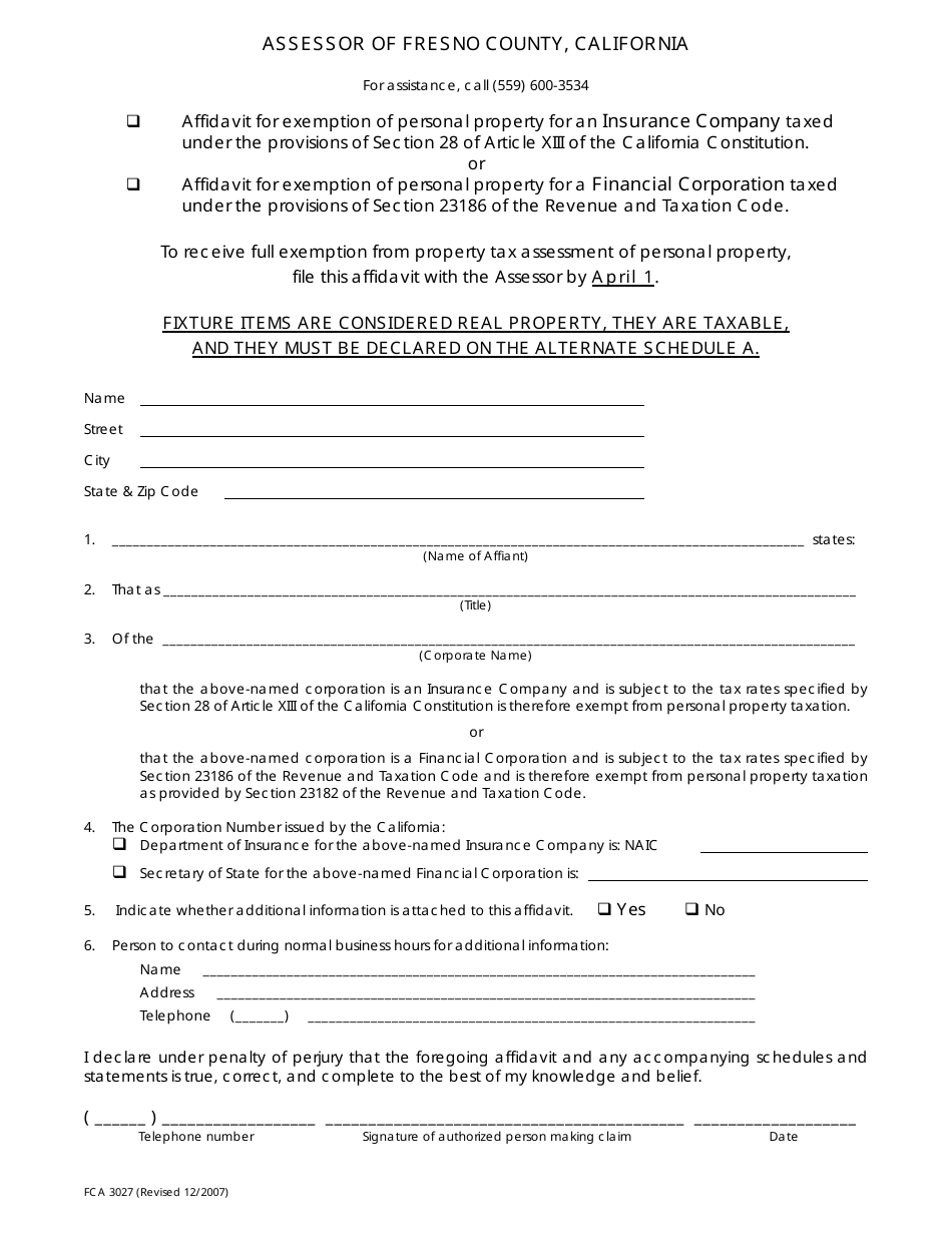 Form FCA3027 Affidavit for Exemption of Personal Property for an Insurance Company or Financial Corporation - County of Fresno, California, Page 1