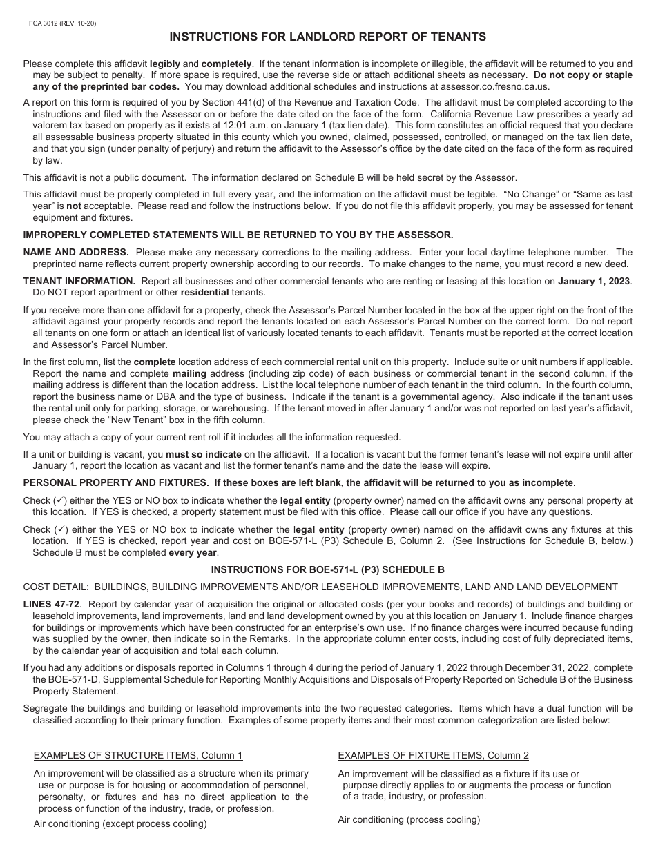 Download Instructions for Form FCA3012 Landlord Report of Tenants PDF