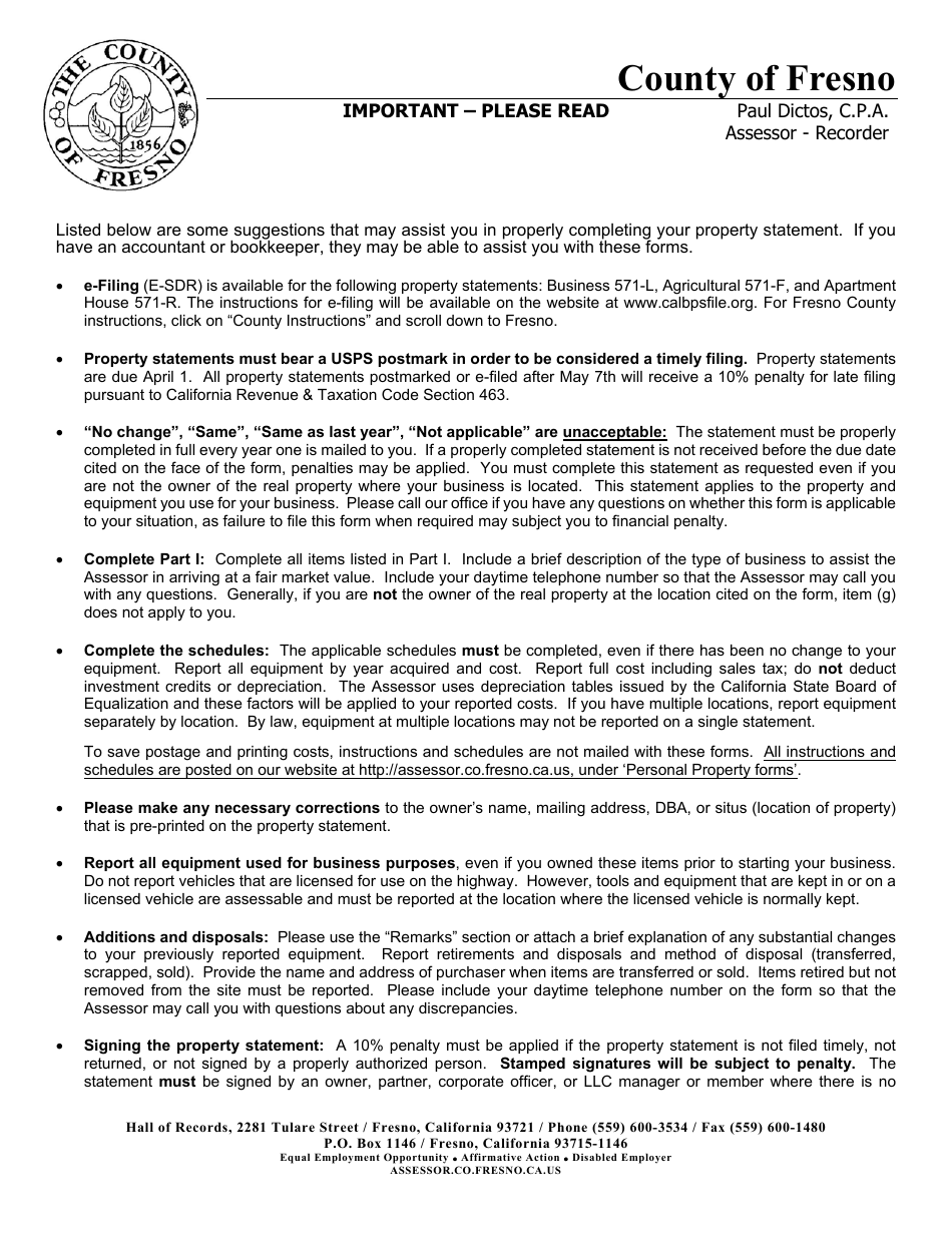 Form FCA3028 Additional Instructions for Filing Property Statements - County of Fresno, California, Page 1