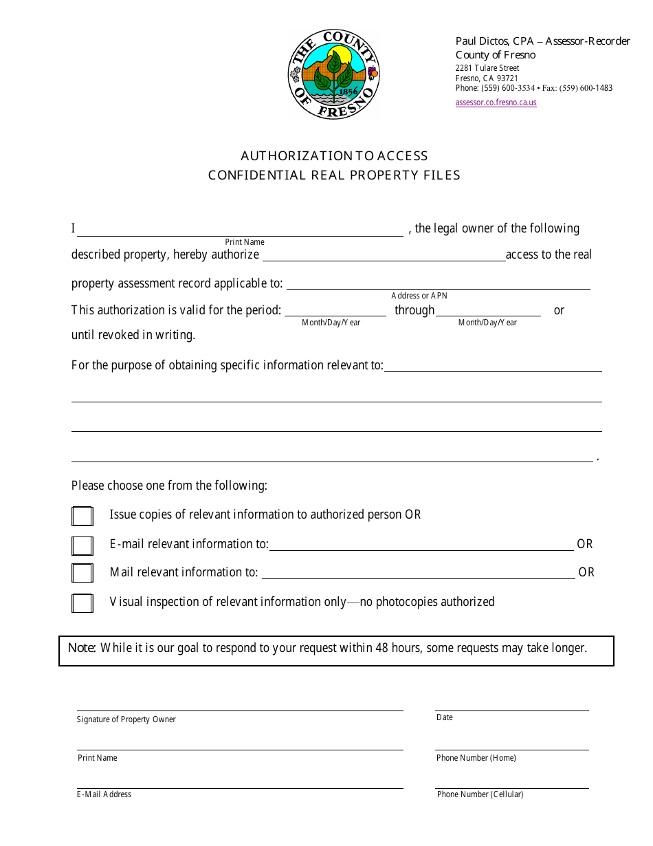 County of Fresno, California Authorization to Access Confidential Real Property Files Fill Out