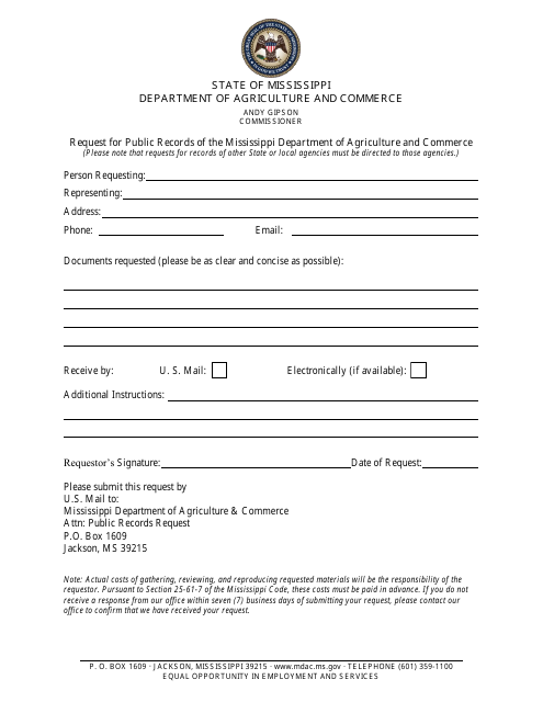 Request for Public Records of the Mississippi Department of Agriculture and Commerce - Mississippi Download Pdf
