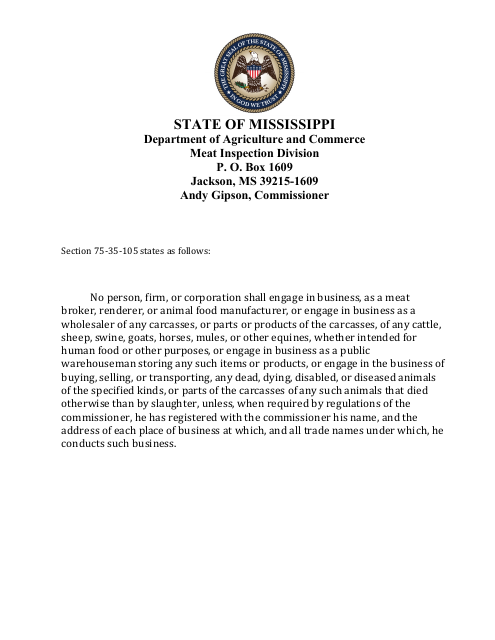 Application for State Meat and Poultry Establishment License - Mississippi Download Pdf