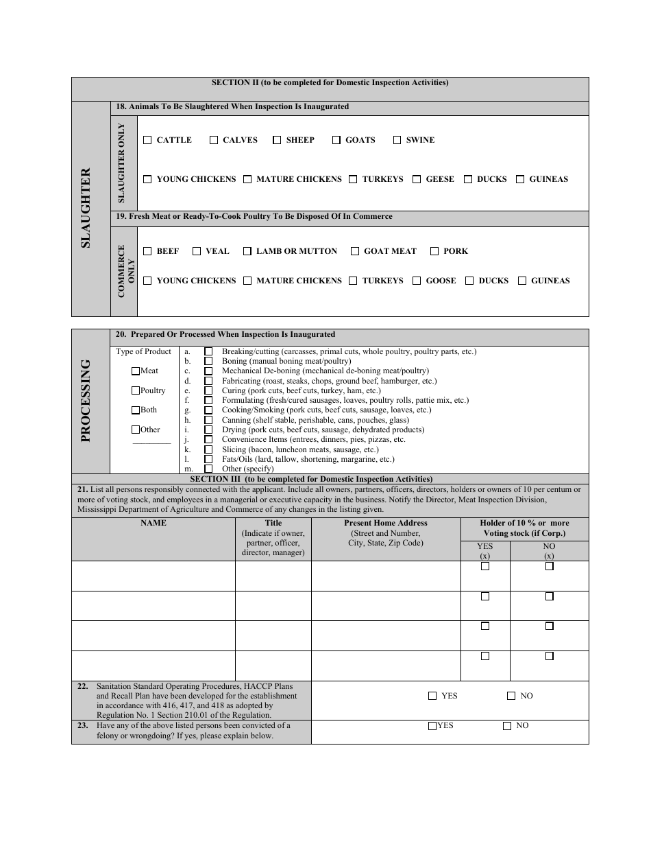 Application for State Meat and Poultry Establishment License - Mississippi, Page 3