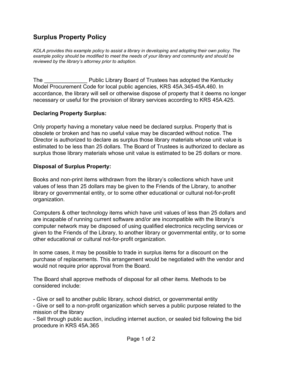Surplus Property Policy - Kentucky, Page 1