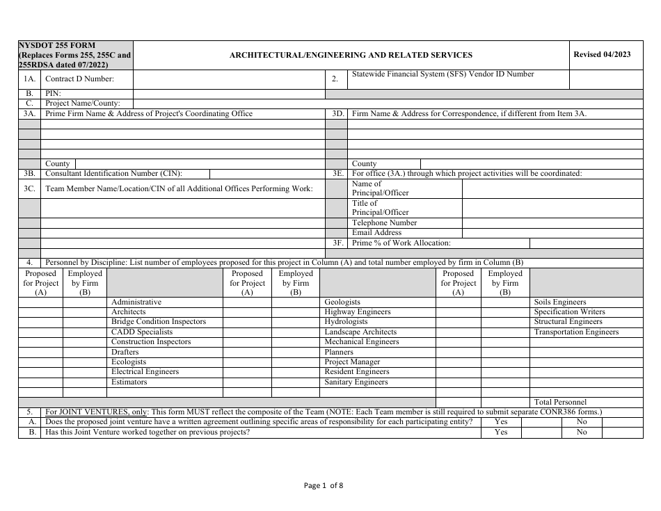 Form NYSDOT255 Architectural / Engineering and Related Services - New York, Page 1
