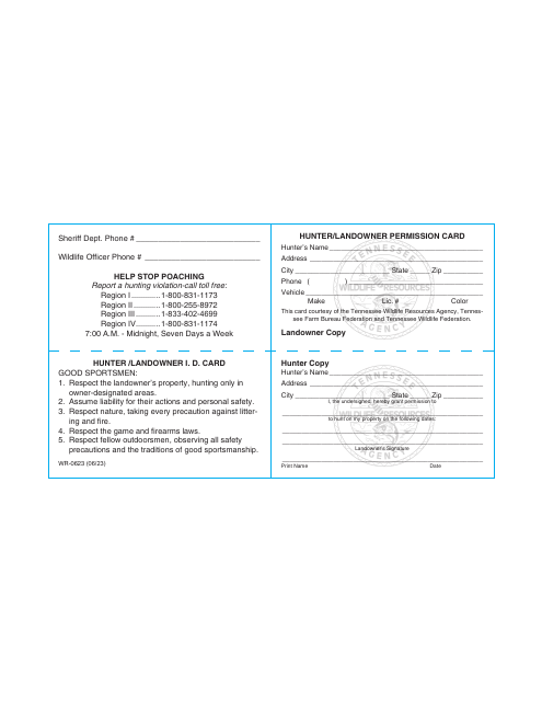 Form WR-0623 Hunter/Landowner Permission Card - Tennessee