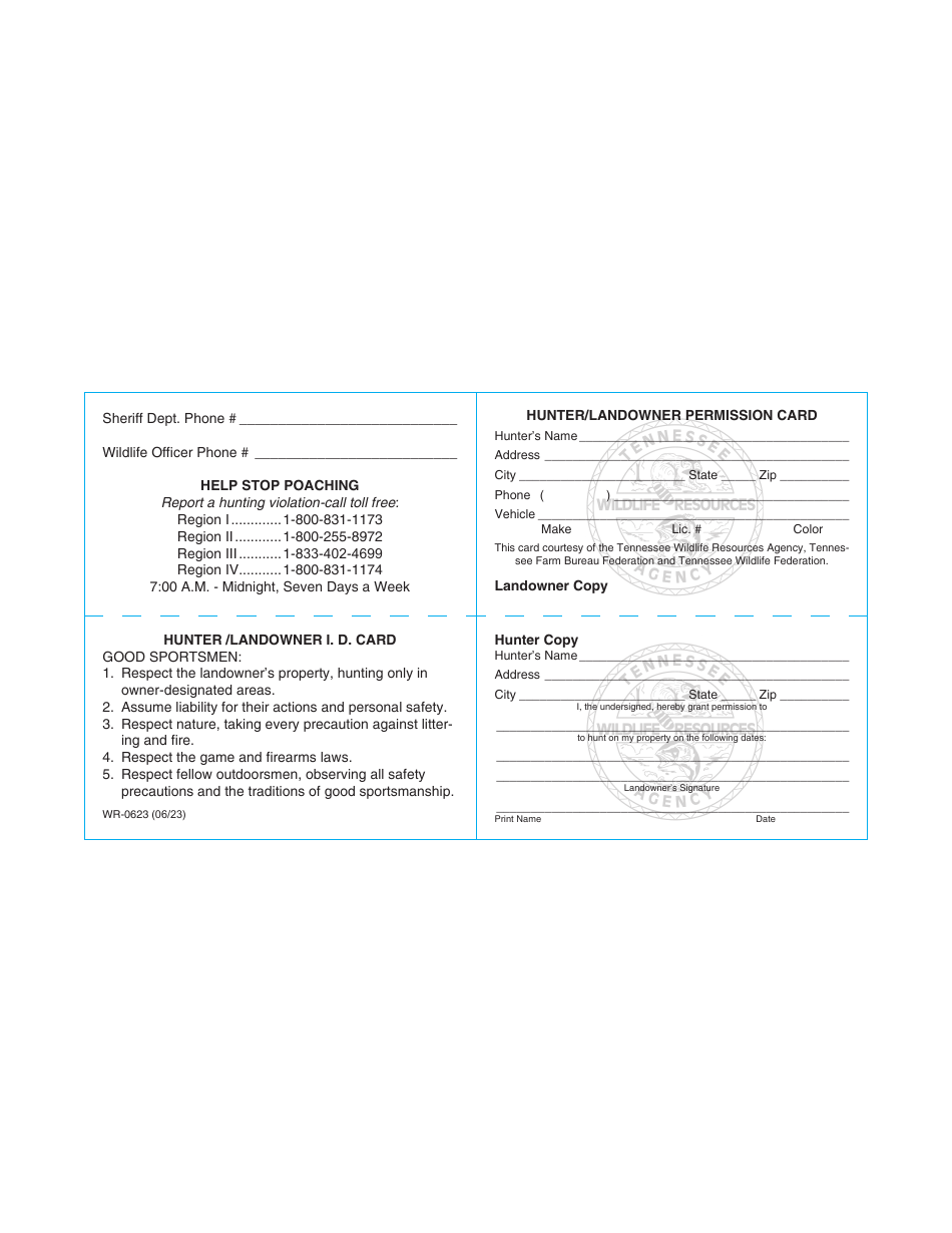 Form WR-0623 Hunter / Landowner Permission Card - Tennessee, Page 1