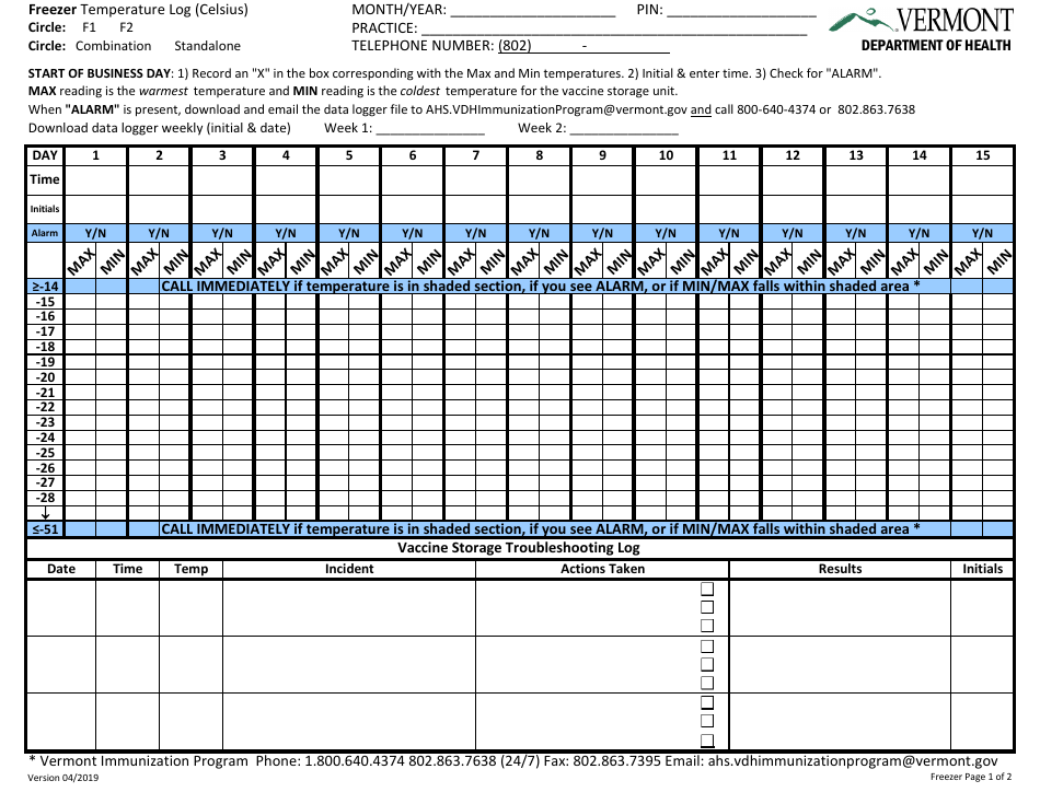 Refrigerator / Freezer Temperature Log - Vermont, Page 3